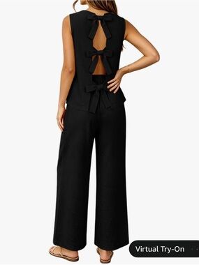 Women's Black Bow-Back Wide-Leg Two Piece Set